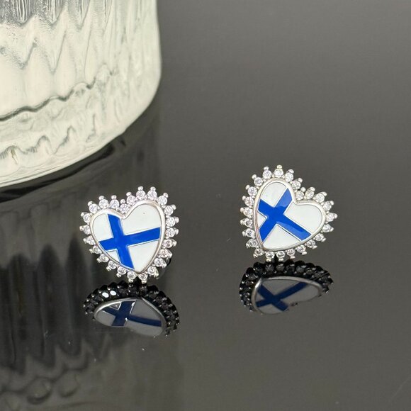 Finland Flag Earrings Heart bling S925 Sterling Silver Handmade Ear Stud - Picture 2 of 4